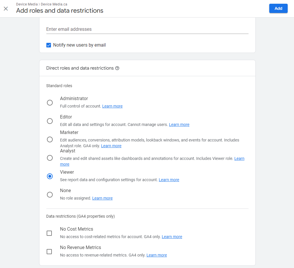 Google Analytics user roles